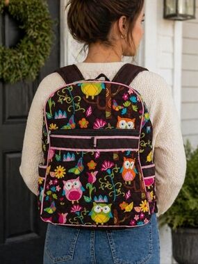 N.Gil Brown Pink Quilted Owl Floral Print Kids School Backpack Tote